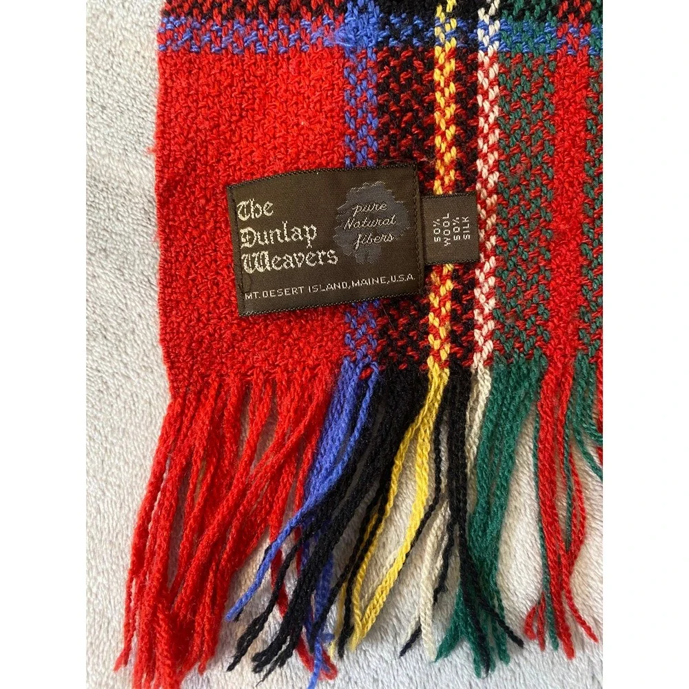 Dunlap Weavers Scarf Red Tartan Plaid Wool Silk Fringed Shawl USA Cabincore
